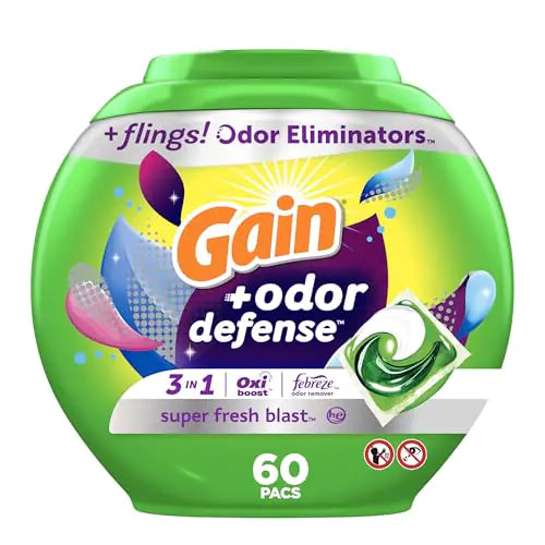 Gain Flings Laundry Detergent Pacs with Odor Defense 60 Ct Super Fresh HE 3in1 Detergent Pacs with Febreze and Oxi