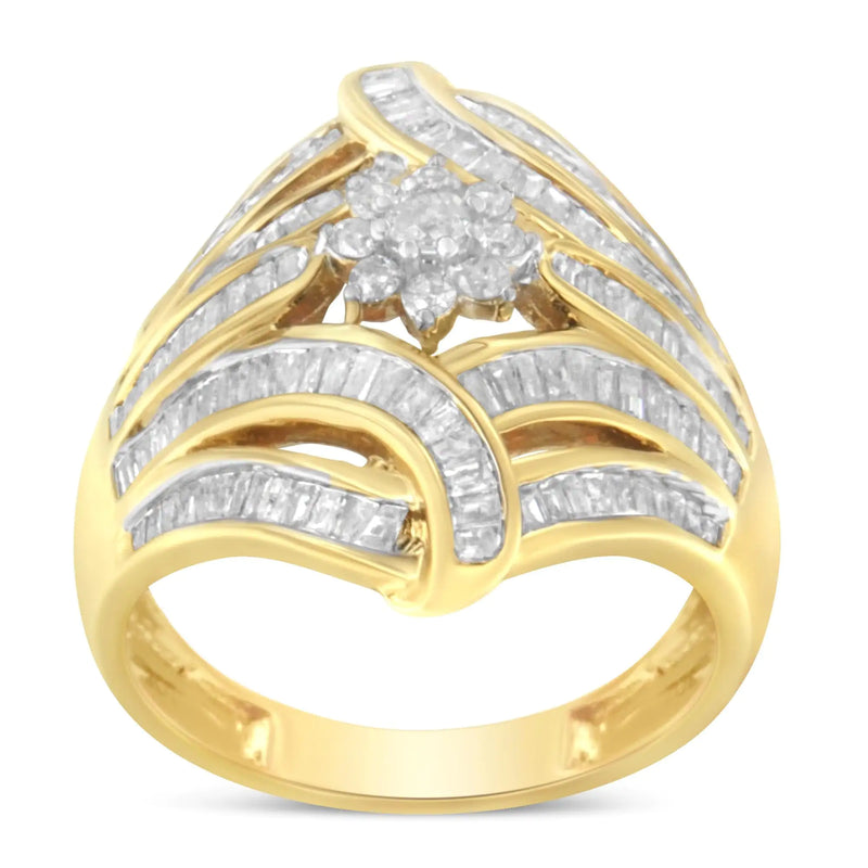 10K Yellow Gold Flashed .925 Sterling Silver 1-1/8 Cttw Round & Baguette Diamond &