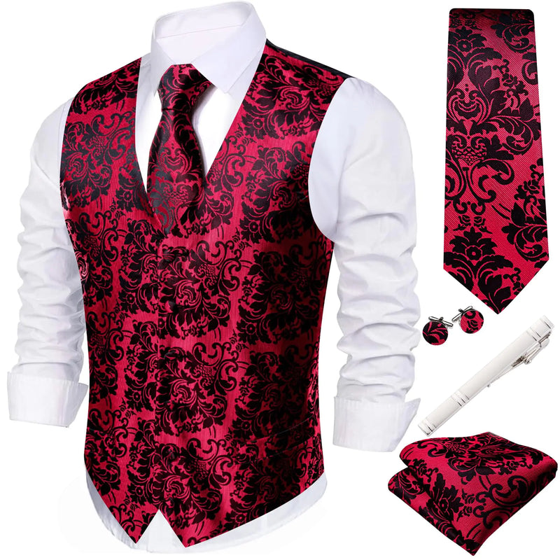 Barry.Wang Mens Suit Vest Paisley/Flower Silk Jacquard Waistcoat Ties Set Formal/Leisure 5PCS