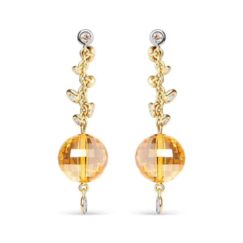 18K Yellow Gold 2/3 Cttw Round Bezel Diamond and 25mm Ball Shaped Yellow Citrine Gemstone Dangle Stud Earring (Brown and G-H Color, SI1-SI2 Clarity)