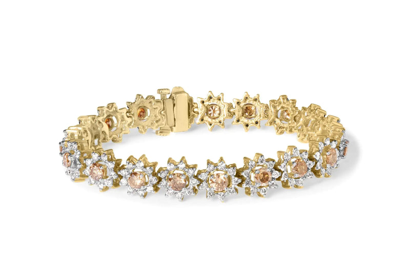 14K Yellow Gold 8.00 Cttw Champagne Diamond Floral Cluster Halo Link Bracelet (H-I Color, I1-I2 Clarity)