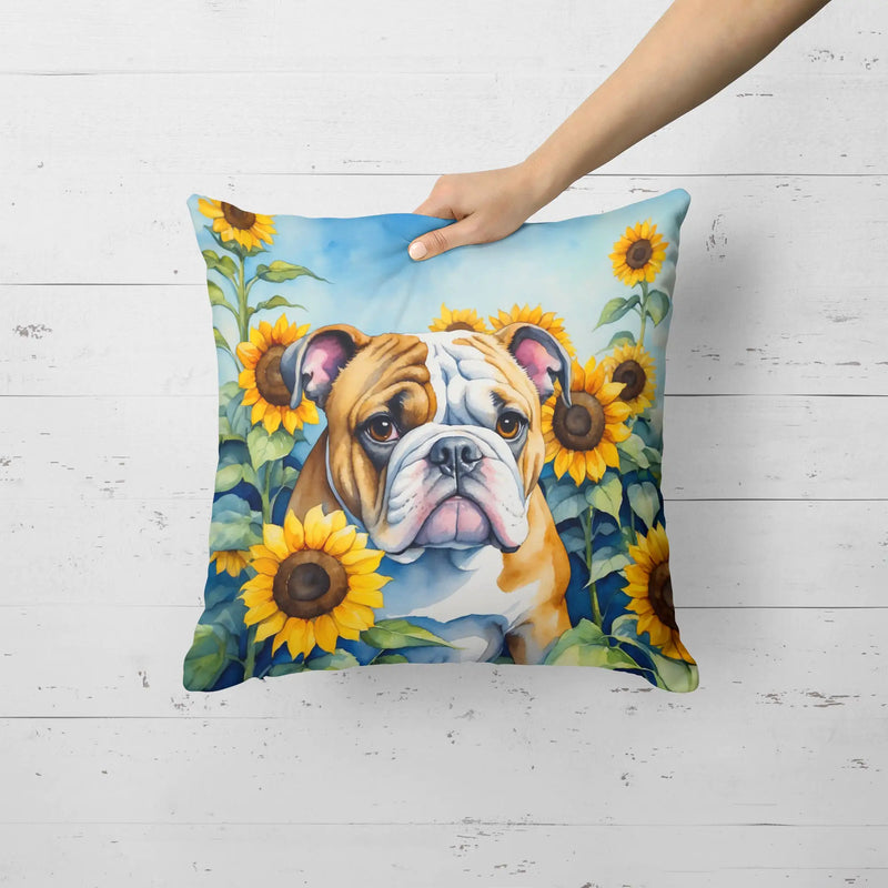 English Bulldog in Sunflowers Throw Pillow