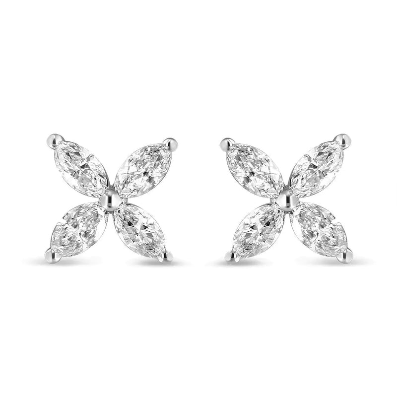 14K White Gold 1.0 Cttw Lab Grown Marquise Diamond 8 Stone Floral Leaf Stud Earrings (F-G Color, VS2-SI1 Clarity)