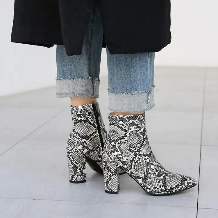 Snake Print Thick Heel Ankle Martin Boots