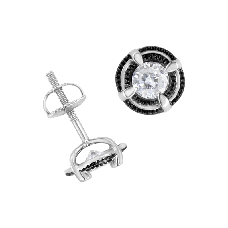 Black Rhodium Plated .925 Sterling Silver Round Diamond Double Halo 4-Prong Solitaire Milgrain Stud Earrings