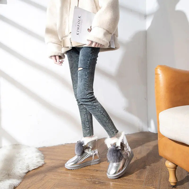 Fashionable White and Silver Waterproof Snow Boots