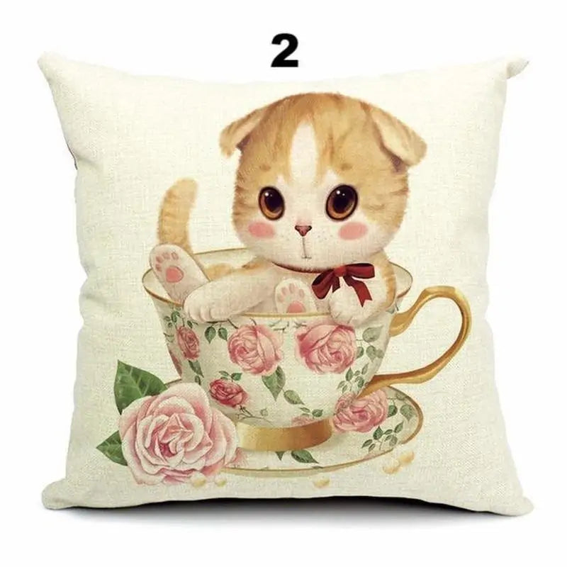 Cute 3D Retro Teacup Cat Cushion Covers