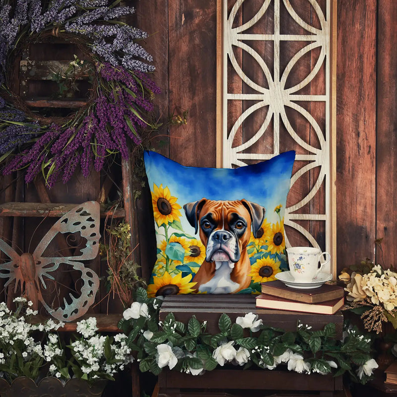 Boxer in Sunflowers Throw Pillow