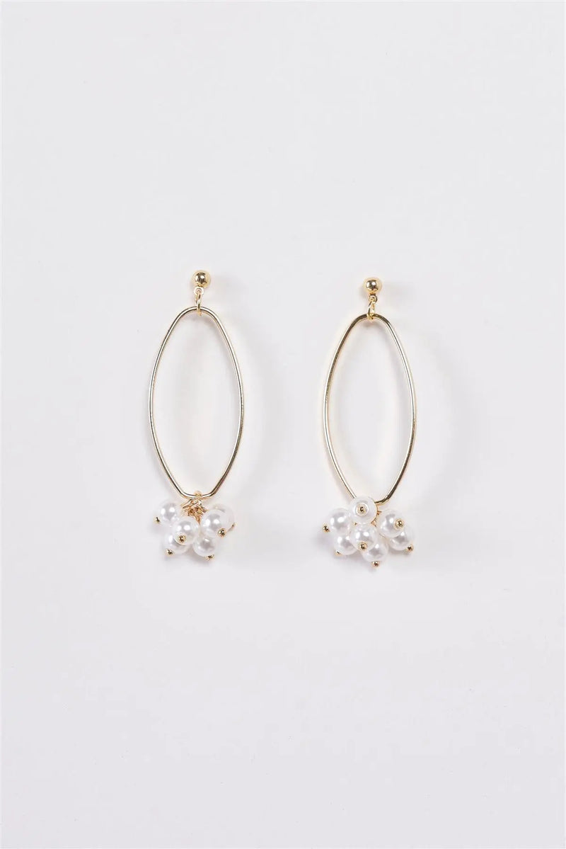 Gold Bunchberry Pearl Dangle Elliptic Hoop Earrings