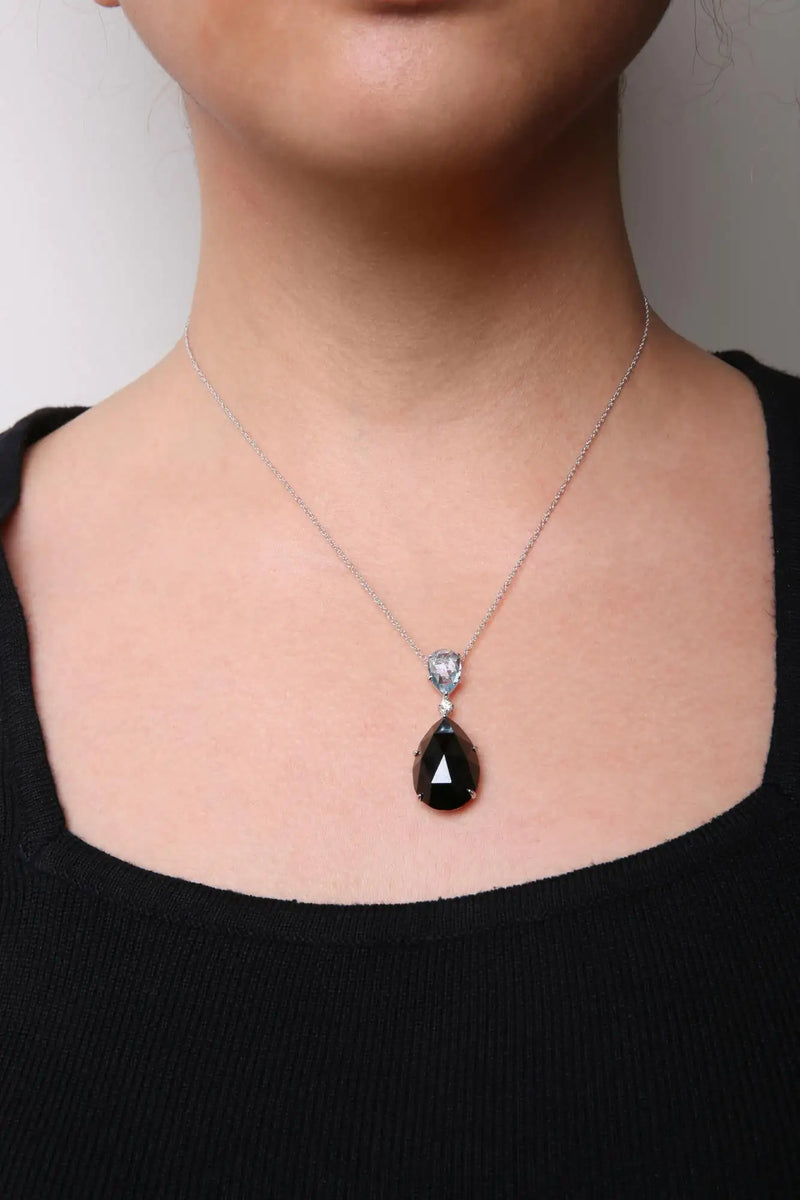 18K White Gold Diamond Accent and Pear Cut Sky Blue Topaz and Pear Cut Black Onyx Dangle Drop 18" Pendant Necklace (G-H Color, SI1-SI2 Clarity)