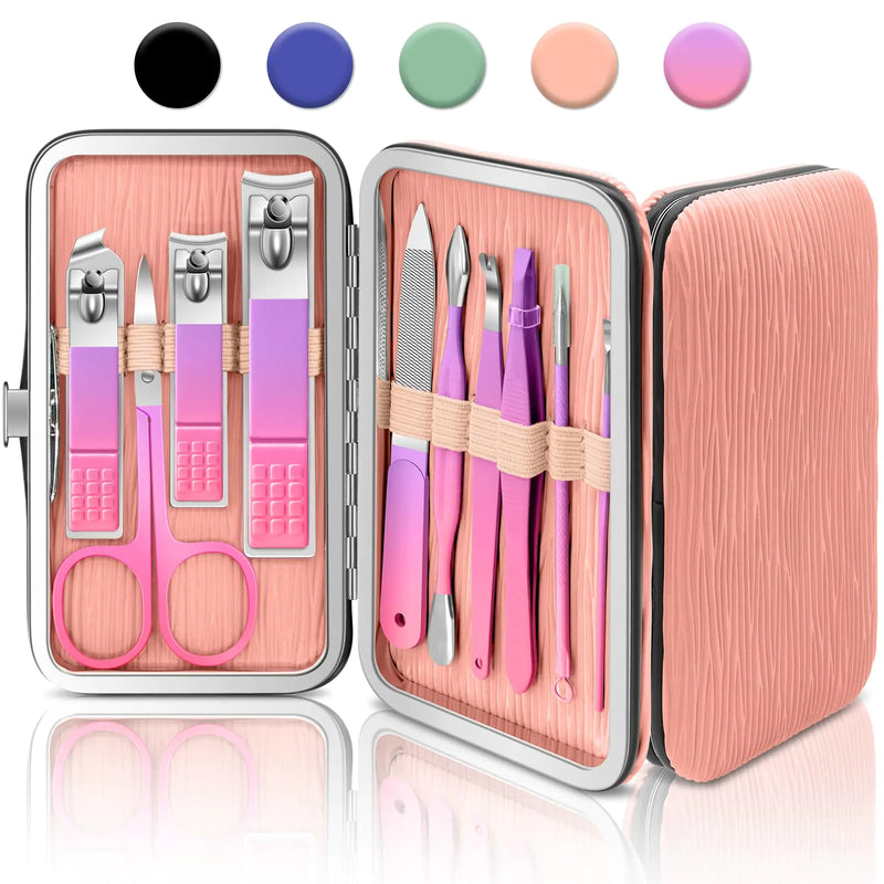 BLESWIN 10 in 1 Manicure Pedicure Kit Manicure Kit for Women Professional Mens Nail Grooming Kit Manicure Tools Gift for Luxury Leather Travel Case for Family Friends (Pink & Purple)