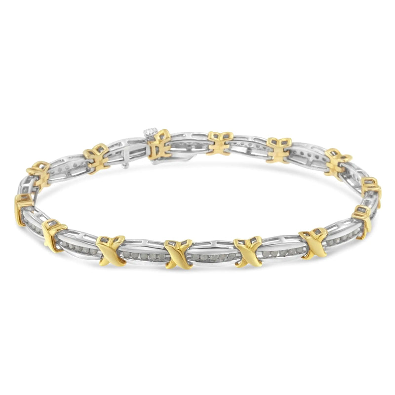 Two-Tone 10K Yellow Gold over .925 Sterling Silver 1.0 Cttw Diamond Channel Set Tapered & X-Link 7" Tennis Bracelet (H-I Color, I2-I3 Clarity)