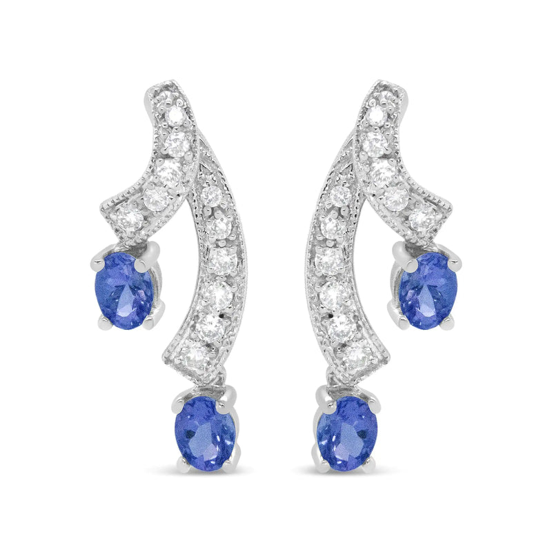 14K White Gold 4x3MM Oval Shaped Natural Blue Tanzanite Gemstone and 1/5 Cttw Diamond Double 3/4" Inch Drop Stud Earrings (H-I Color, VS1-VS2 Clarity)