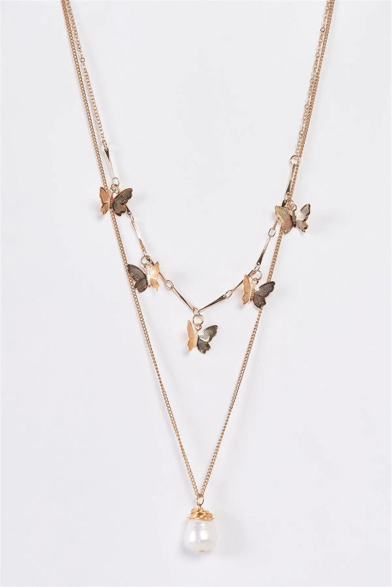 Gold Double Chain Multi Butterfly Pearl Charm Necklace