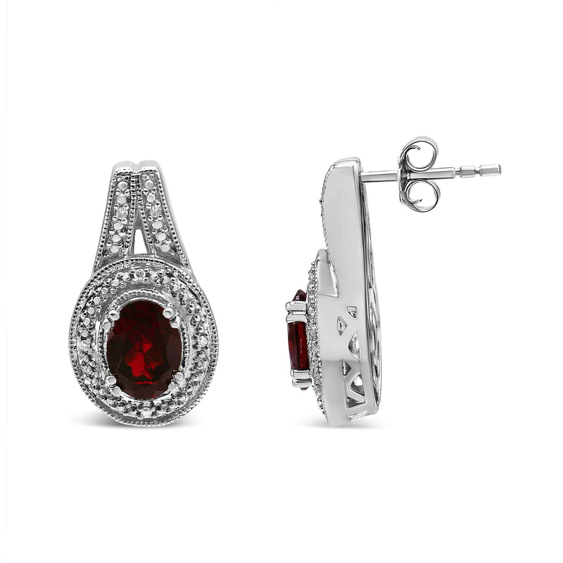 .925 Sterling Silver Diamond Accent and 8x6mm Red Oval Garnet Stud Earrings (I-J Color, I1-I2 Clarity)