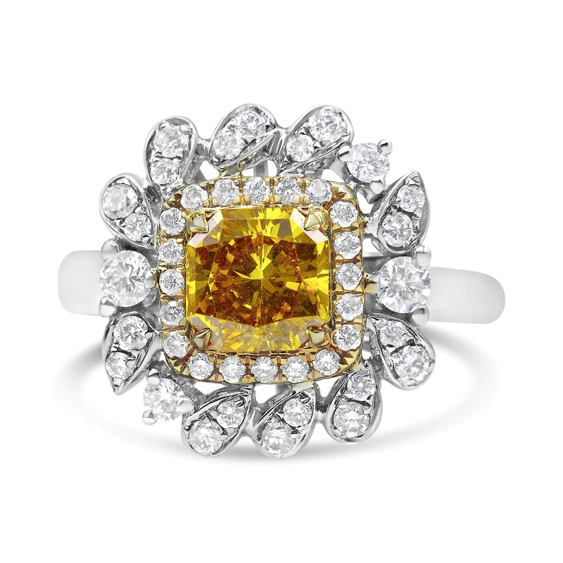 18K White and Yellow Gold 1.76 Cttw Yellow Radiant Lab Grown Center Diamond Double Halo Cocktail Ring (Yellow/G-H Color, VS1-VS2 Clarity)