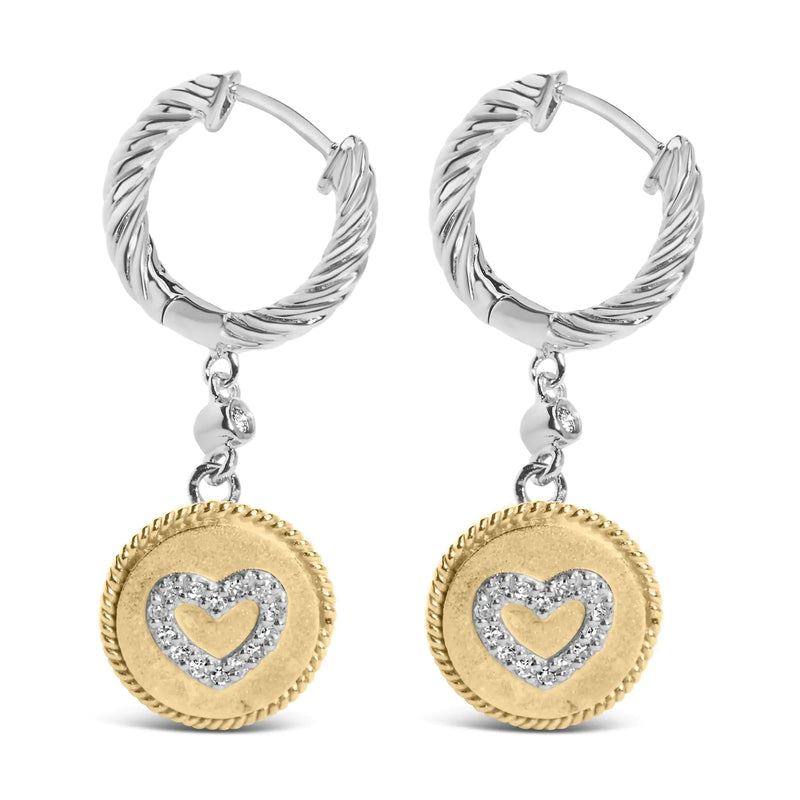 18K Yellow Gold Plated .925 Sterling Silver 1/8 Cttw Diamond Heart Medallion Drop and Dangle Earring (I-J Color, SI1-SI2 Clarity)