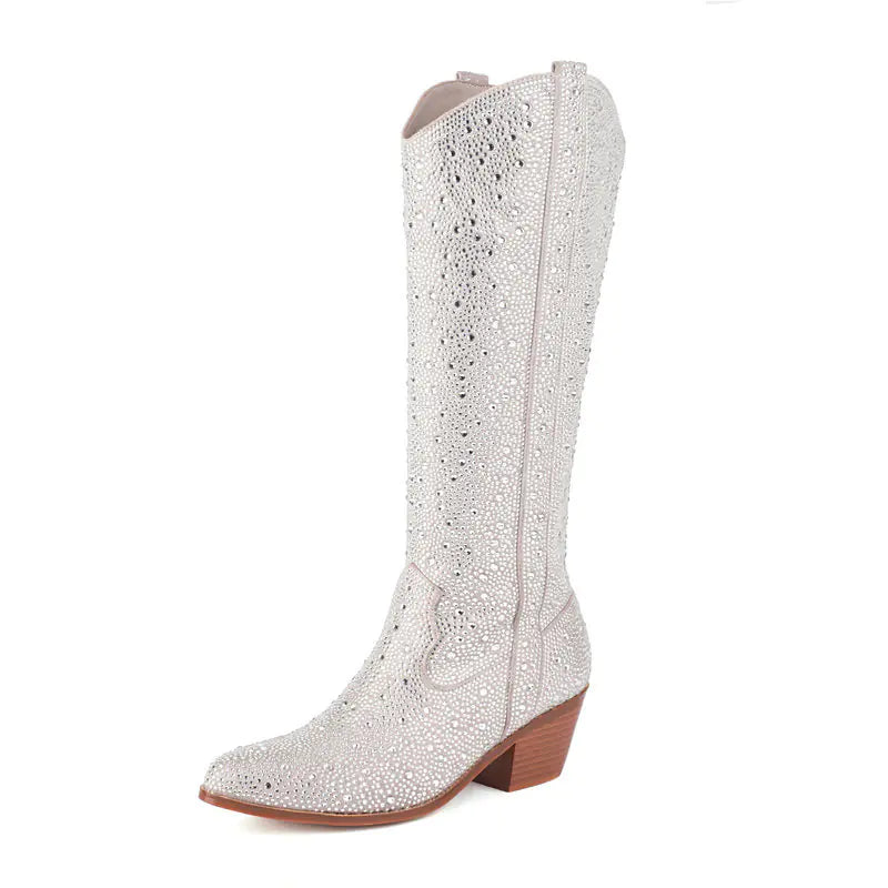 Vintage Rhinestone Chunky Heel Knee-High Boots
