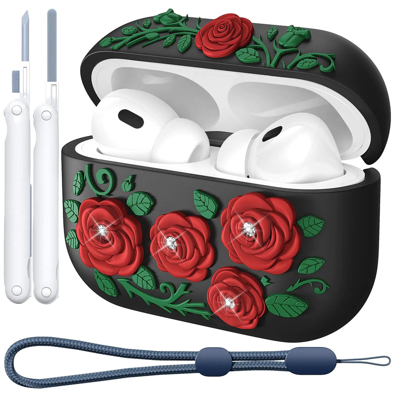 Floral Embossed Case for Apple AirPods Pro Case 2nd 1st Generation Women VISOOM 3D Rose Flower Air pods Pro Case Cute iPods Pro 2 Protective Cover with Lanyard for Airpods Pro 2nd/1st Gen