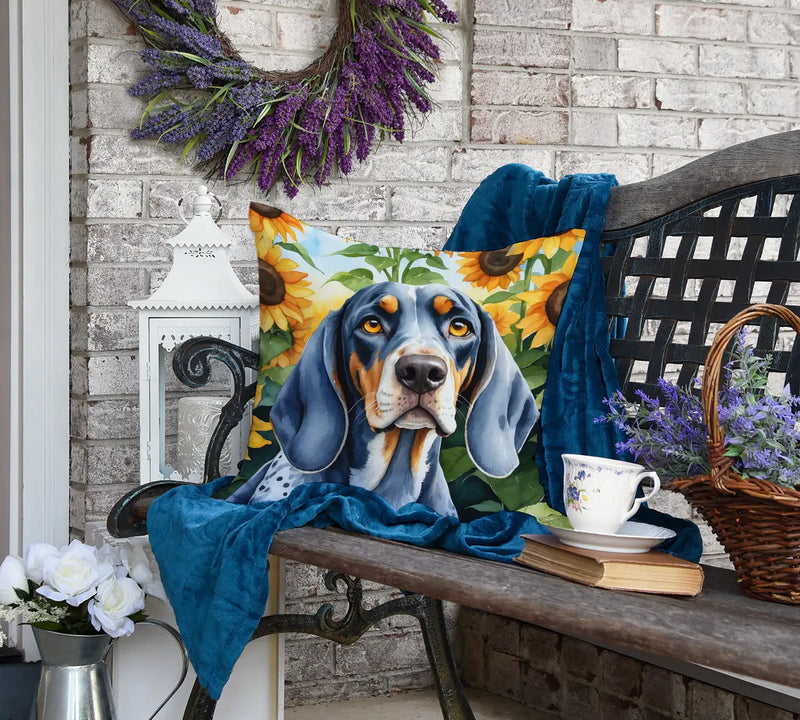 Bluetick Coonhound in Sunflowers Throw Pillow