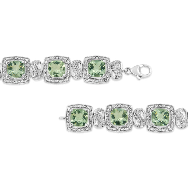 .925 Sterling Silver 7x7 mm Cushion Cut Green Amethyst and 1/10 cttw Single Cut Diamond Square Shape Tennis Bracelet (I-J Color, I1-I2 Clarity) - 7"