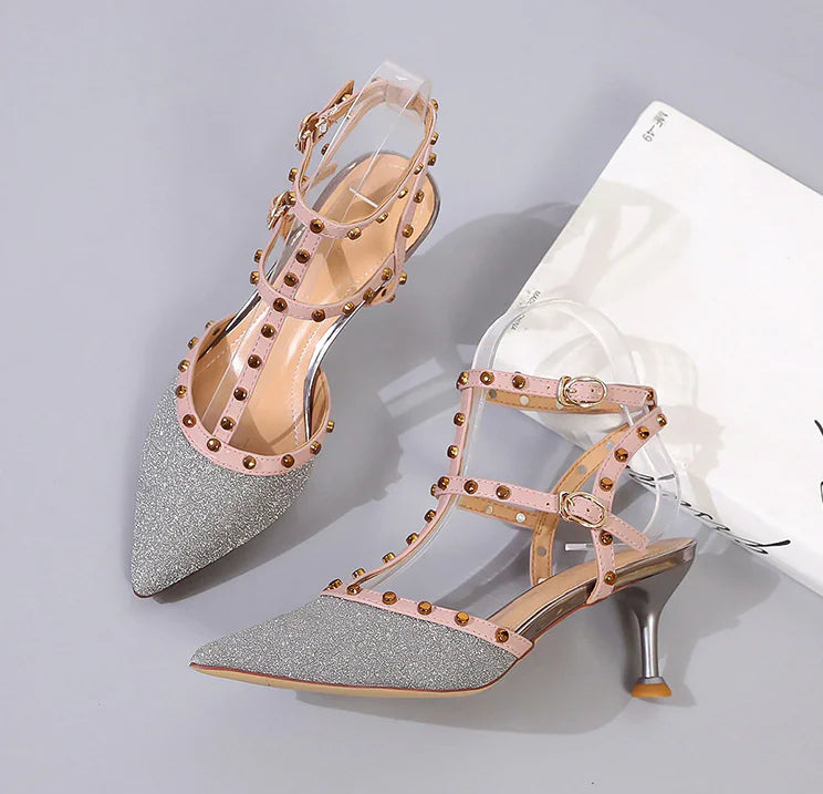 Pointed Toe Stiletto Sandals with Studded Straps