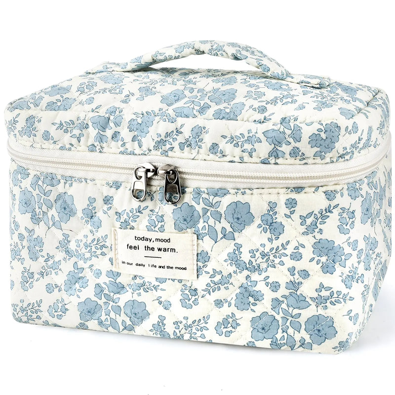 ZLFSRQ Floral Makeup Bag for Women Cotton Quilted Large Coquette Cosmetic Bag Cute Zipper Blue Flower Makeup Pouch for Purse Aesthetic Portable Travel Toiletry Bag Trendy Cloth Skincare Bag Organizer