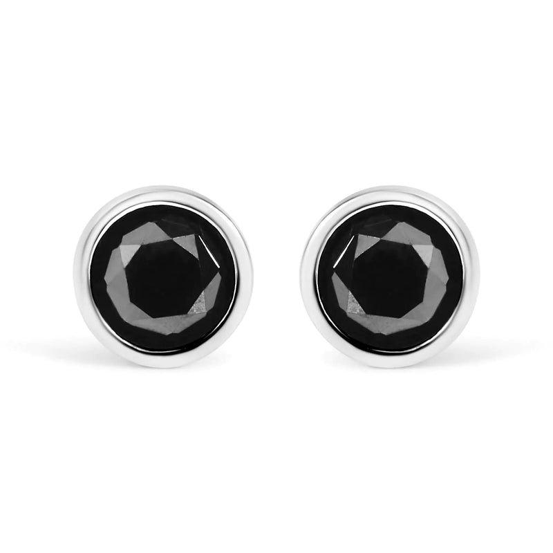 .925 Sterling Silver Round Brilliant-Cut Black Diamond Bezel-Set Stud Earrings with Screw Backs (Fancy Color-Enhanced, I2-I3 Clarity)