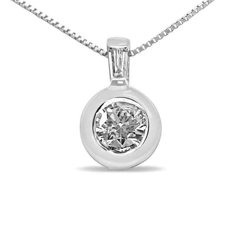 10K White Gold 1/4 Cttw Round and Baguette Diamond Bale and Solitaire 18" Pendant Necklace (I-J Color, I2-I3 Clarity)