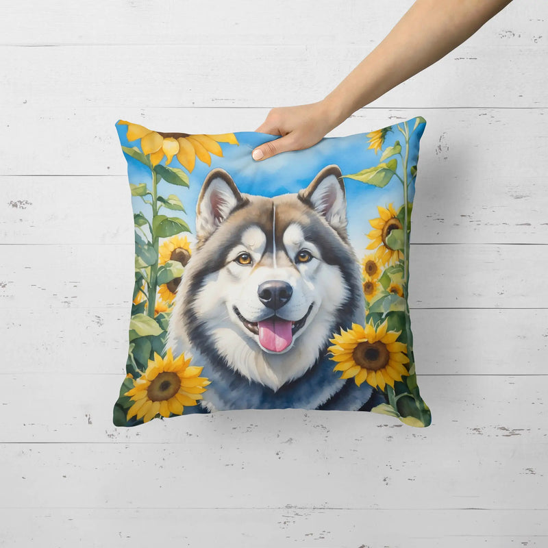 Alaskan Malamute in Sunflowers Throw Pillow