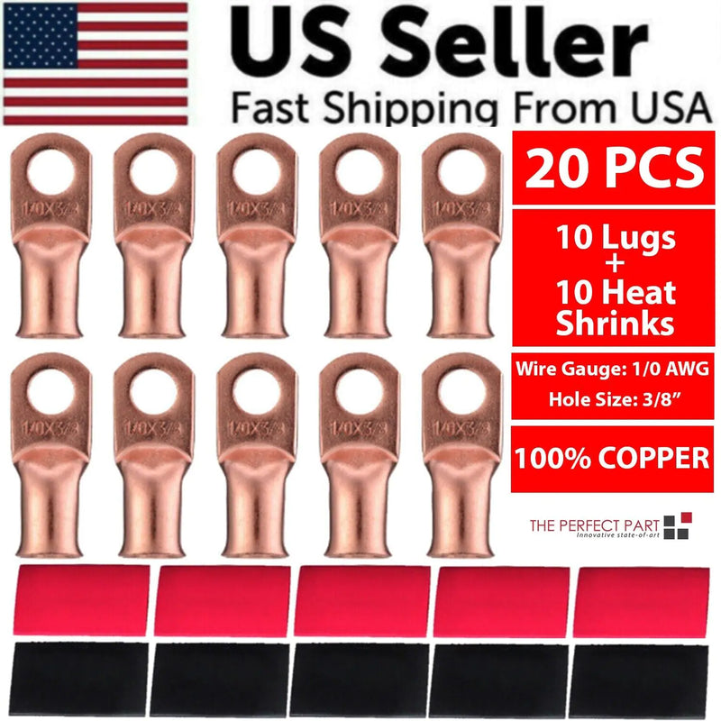 20PCS 1/0 AWG Gauge Copper Lugs W/ BLACK & RED Heat Shrink Ring Terminals Wire