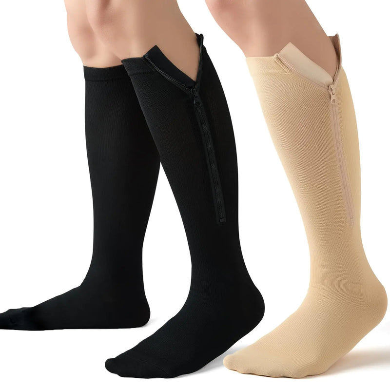 2 Pairs Zipper Compression Socks 15-20mmHg Closed Toe Knee High Compression Stockings for Women and Men Support Socks for Running Yoga