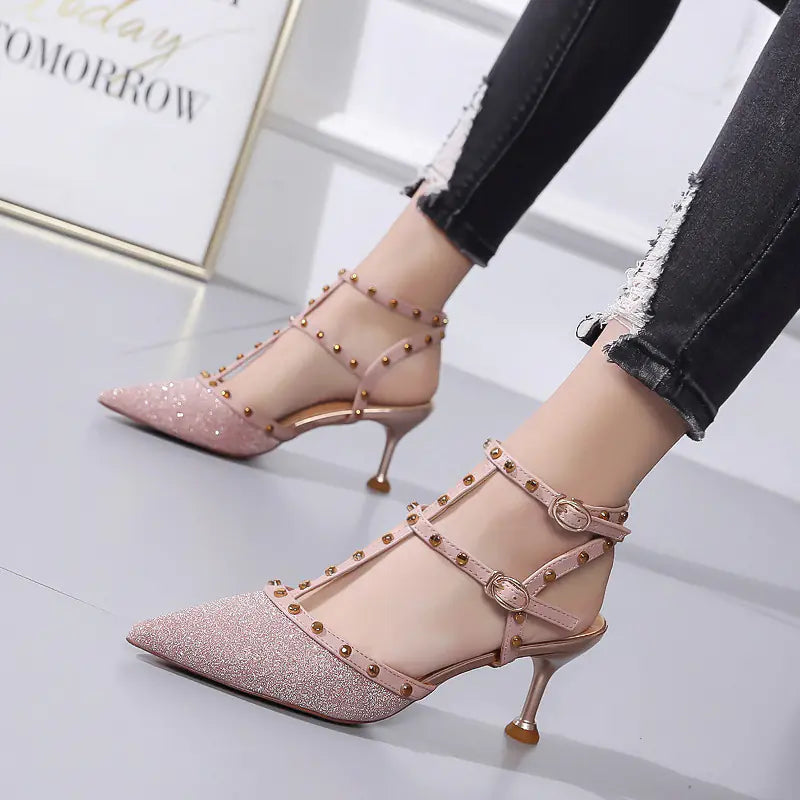 Pointed Toe Stiletto Sandals with Studded Straps