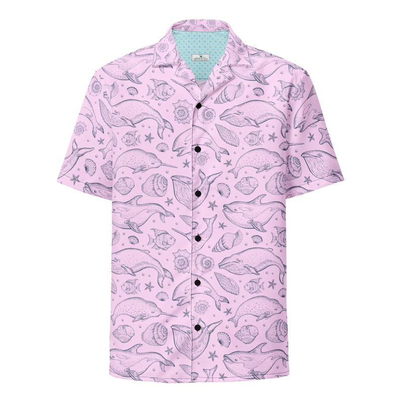 Pink Whale Pod Pattern Hawaiian Button Shirt: Dive into Coastal Chic!