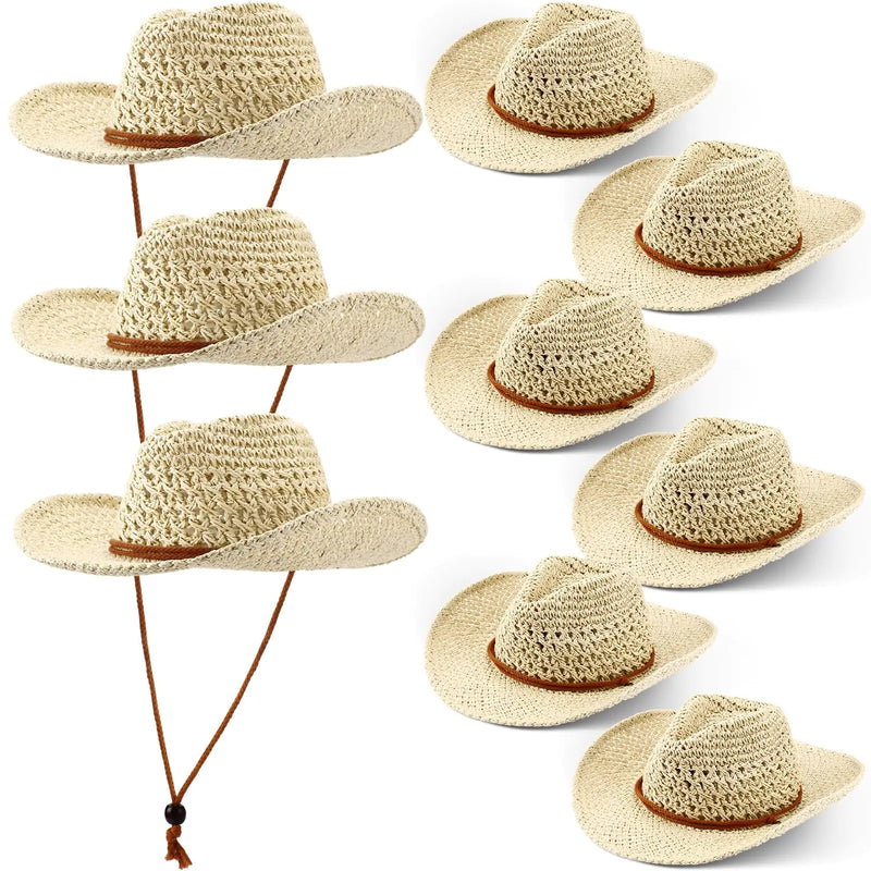 Newcotte 9 Pack Straw Cowboy Hats for Women Western Cowgirl Hat Bulk Beach Sun Hat with Windproof Rope for Party Travel(Beige)