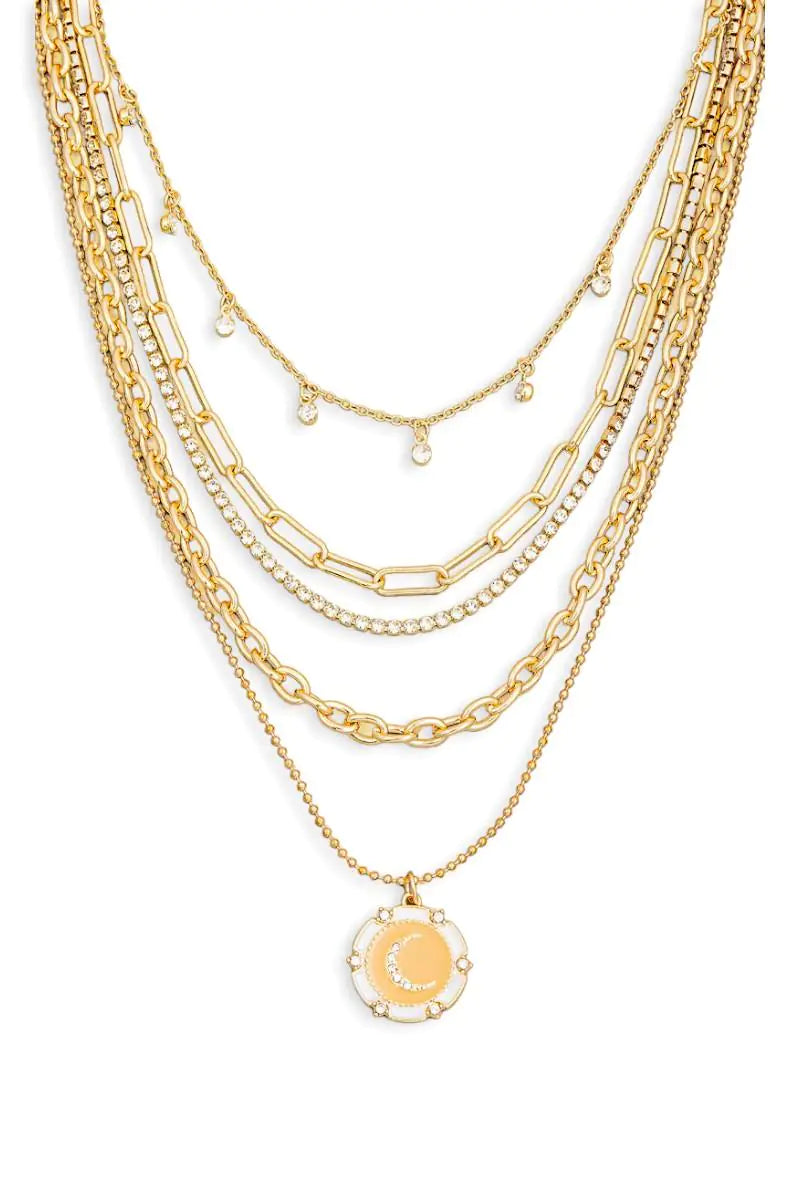 5 Layer Chain Crystal Moon Medallion Necklace