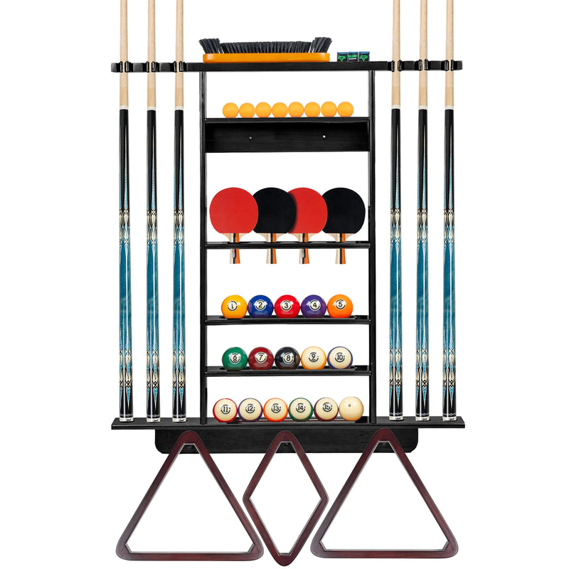 Billmart Wall Mount Pool Stick Holder 2-in-1 Pool Stick & Ping Pong Paddle Holder Solid Wood Cue Rack with Storage for Pool Table Accessories Black