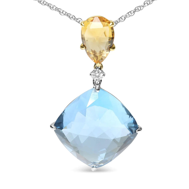 18K White and Yellow Gold Diamond Accent and Yellow Citrine and Sky Blue Topaz Gemstone Dangle Drop 18" Pendant Necklace (G-H Color, SI1-SI2 Clarity)