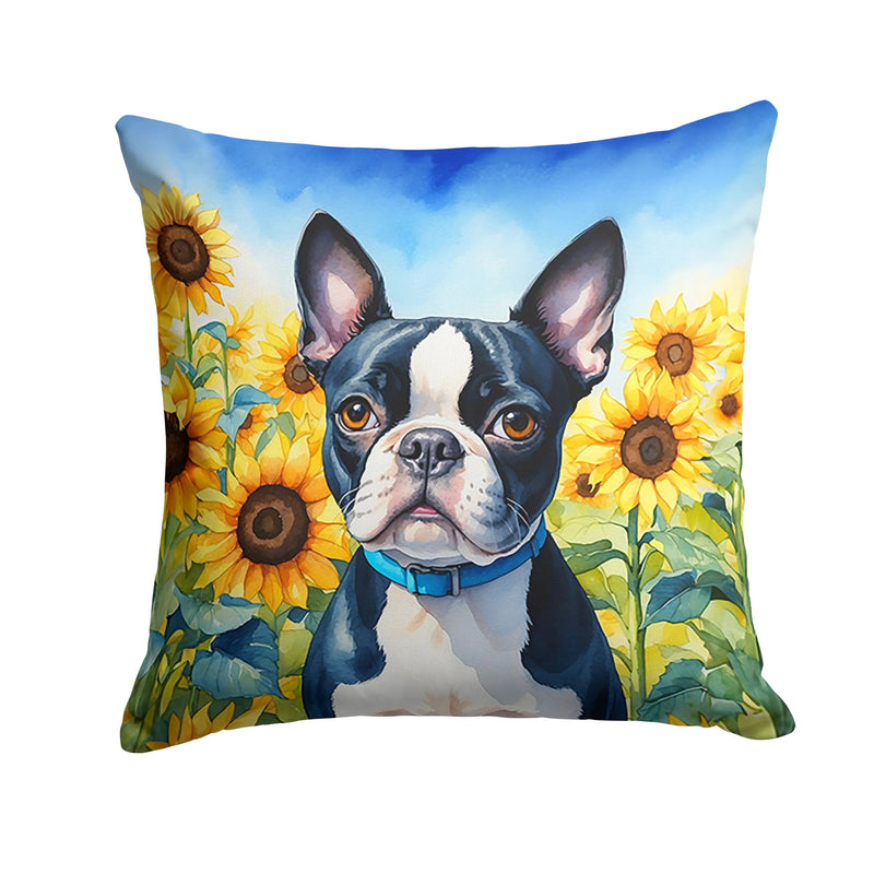 Boston Terrier in Sunflowers Throw Pillow