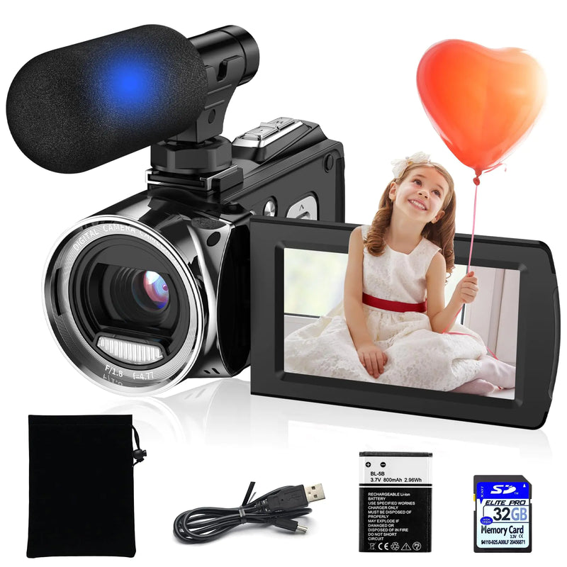 Rumyums Video Camera Camcorder 4K Camcorder 48MP 18X Digital Video Camera for YouTube 3.0 270 Degree Rotation Screen Video Recorder Vlogging Camera with Microphone and 32G Card