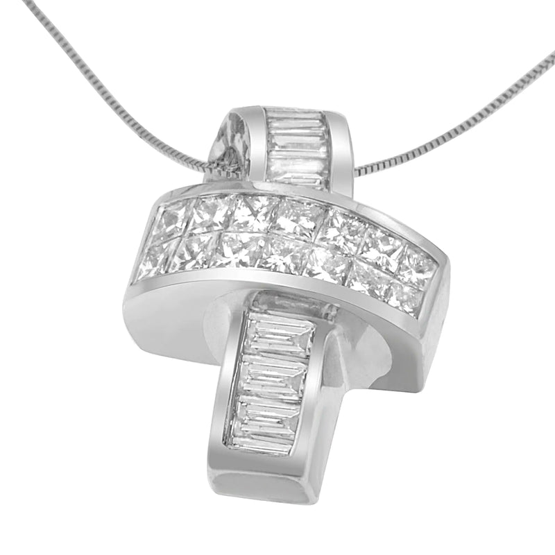 14K White Gold 2 cttw Princess and Baguette Cut Diamond Ribbon Pendant Necklace (H-I, SI-SI2)