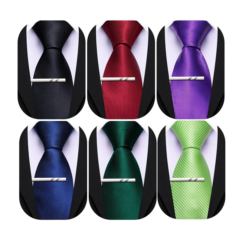 Barry.Wang Mens 6 PCS Ties Silk Striped Paisley Check Necktie Tie-Clip Silky Woven Wedding Business Party Ties