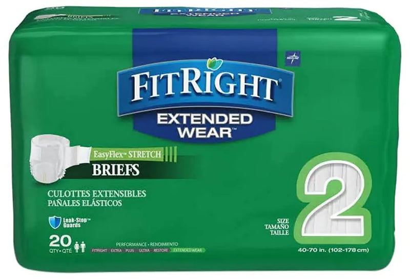 FitRight Extended Wear Stretch Brief Overnight Absorbency Size 2 40 to 70" Waist 20 Count (Pack of 4)