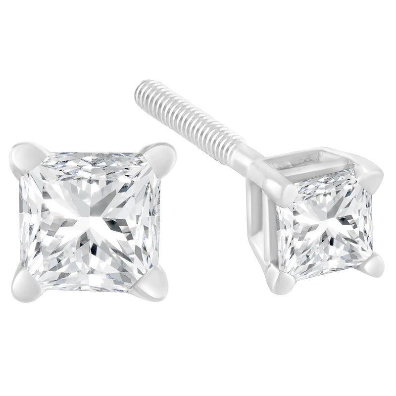 AGS Certified 18K White Gold 1.0 Cttw 4-Prong Set Princess-Cut Solitaire Diamond Screw Back Stud Earrings (E-F Color, SI2-I1 Clarity)