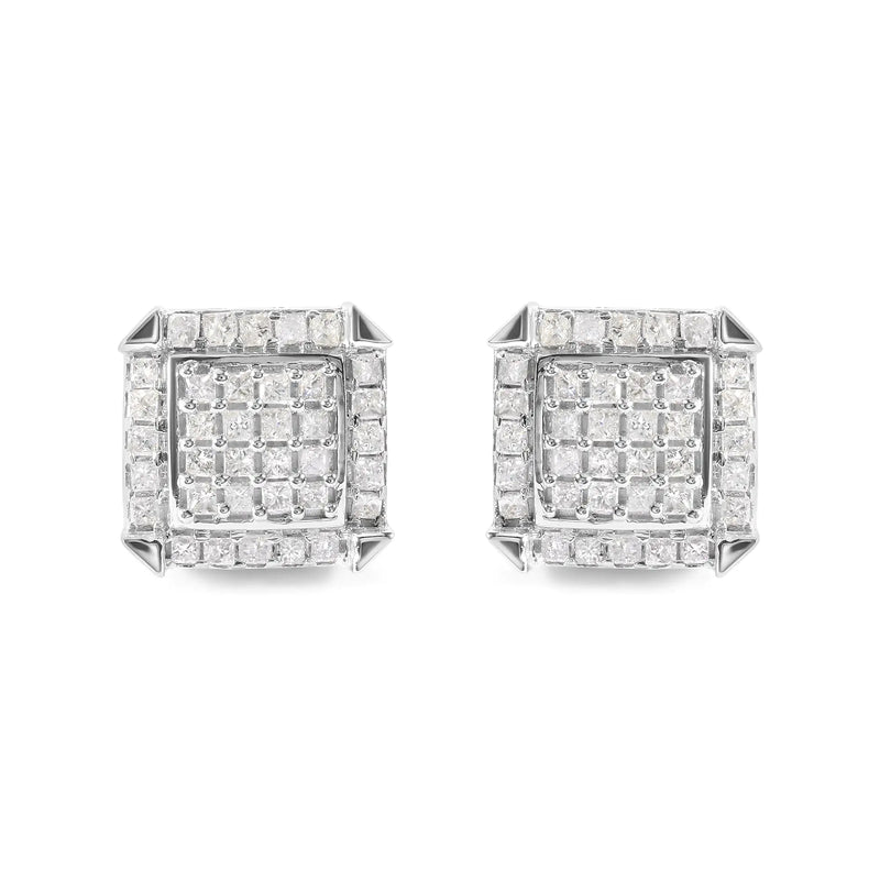 10K White Gold 1 1/10 Cttw Princess Diamond Composite and Halo Stud Earrings (I-J Color, I1-I2 Clarity)