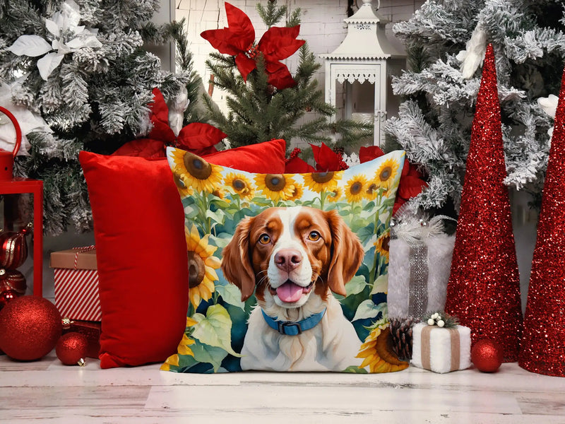 Brittany Spaniel in Sunflowers Throw Pillow