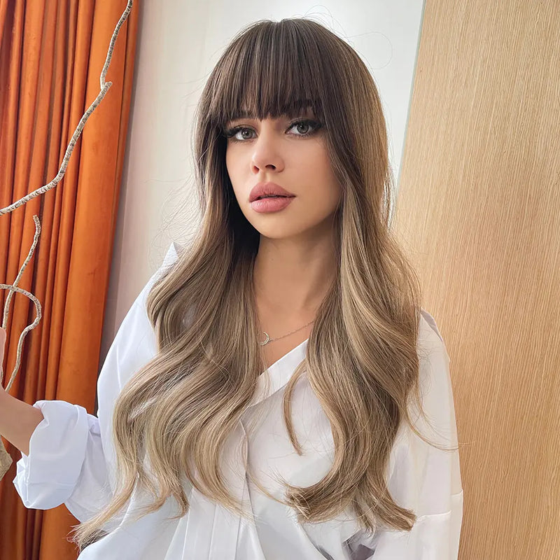 Long Brown Wavy Synthetic Wig with Bangs for Women