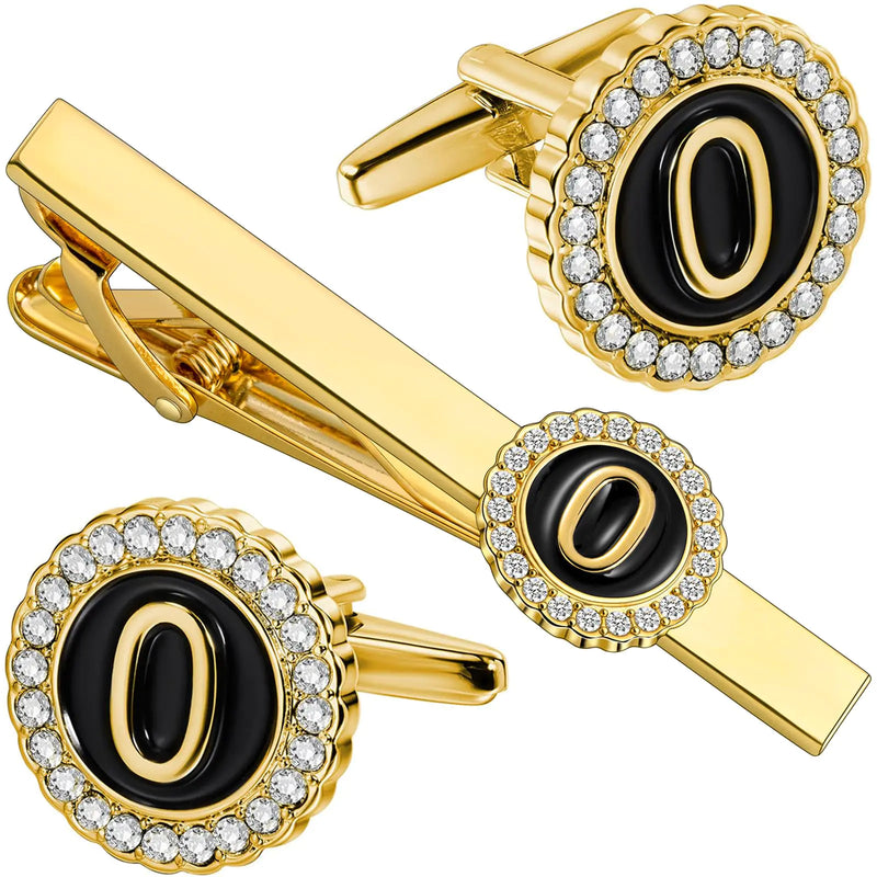 HAWSON 18K Gold Tie Clip and Cufflinks for Men 2.2in Necktie Bar & Mens Cuff Links with Personalized Engraved A-Z Letter and Clear Crystal