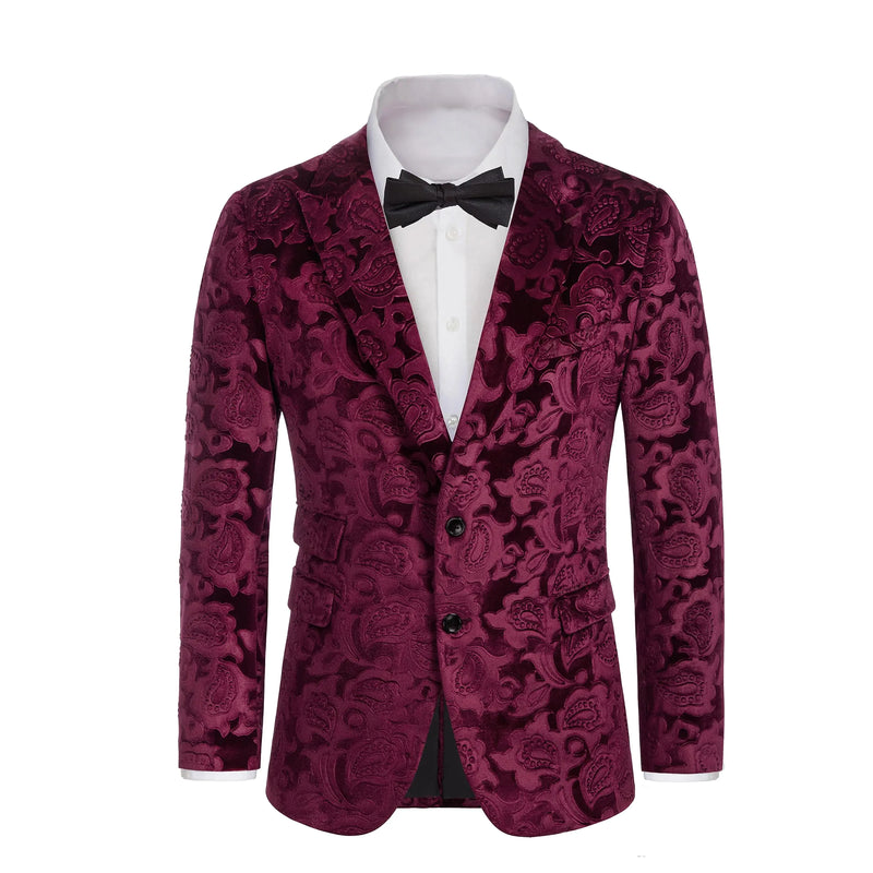 GRACE KARIN Mens Floral Tuxedo Jacket Slim Fit Velvet Suit Blazer Jacket for Party Dinner Wedding Prom Wine Red
