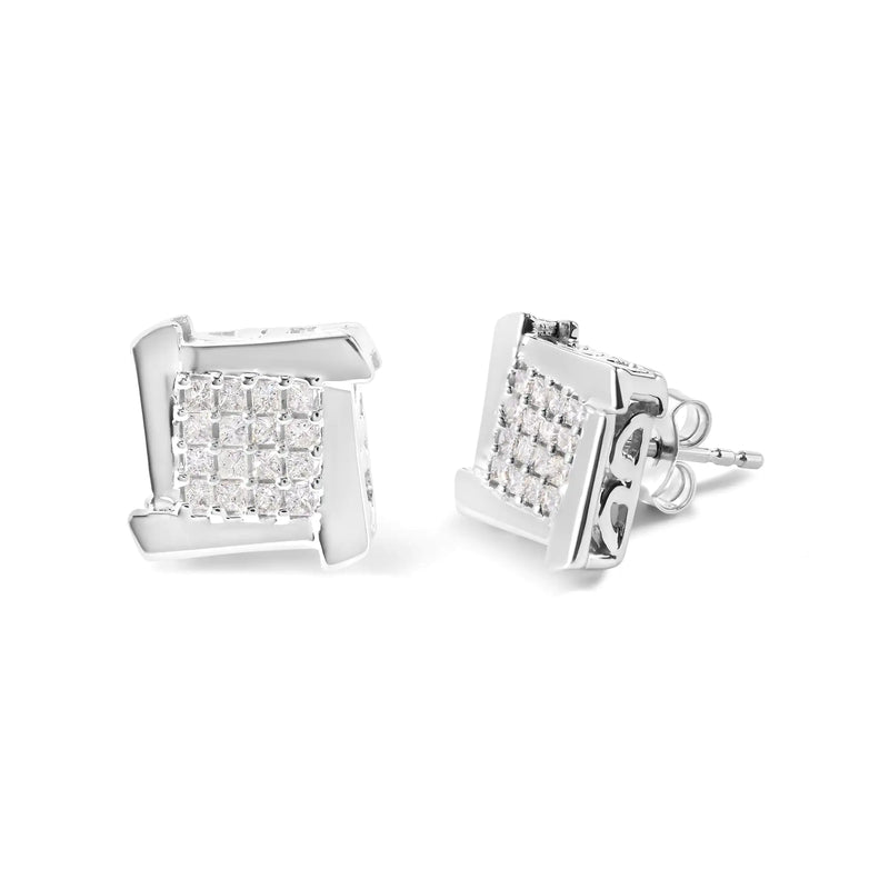 10K White Gold 1/2 Cttw Composite  Princess Diamond Square and Swirl Stud Earrings (I-J Color, I1-I2 Clarity)